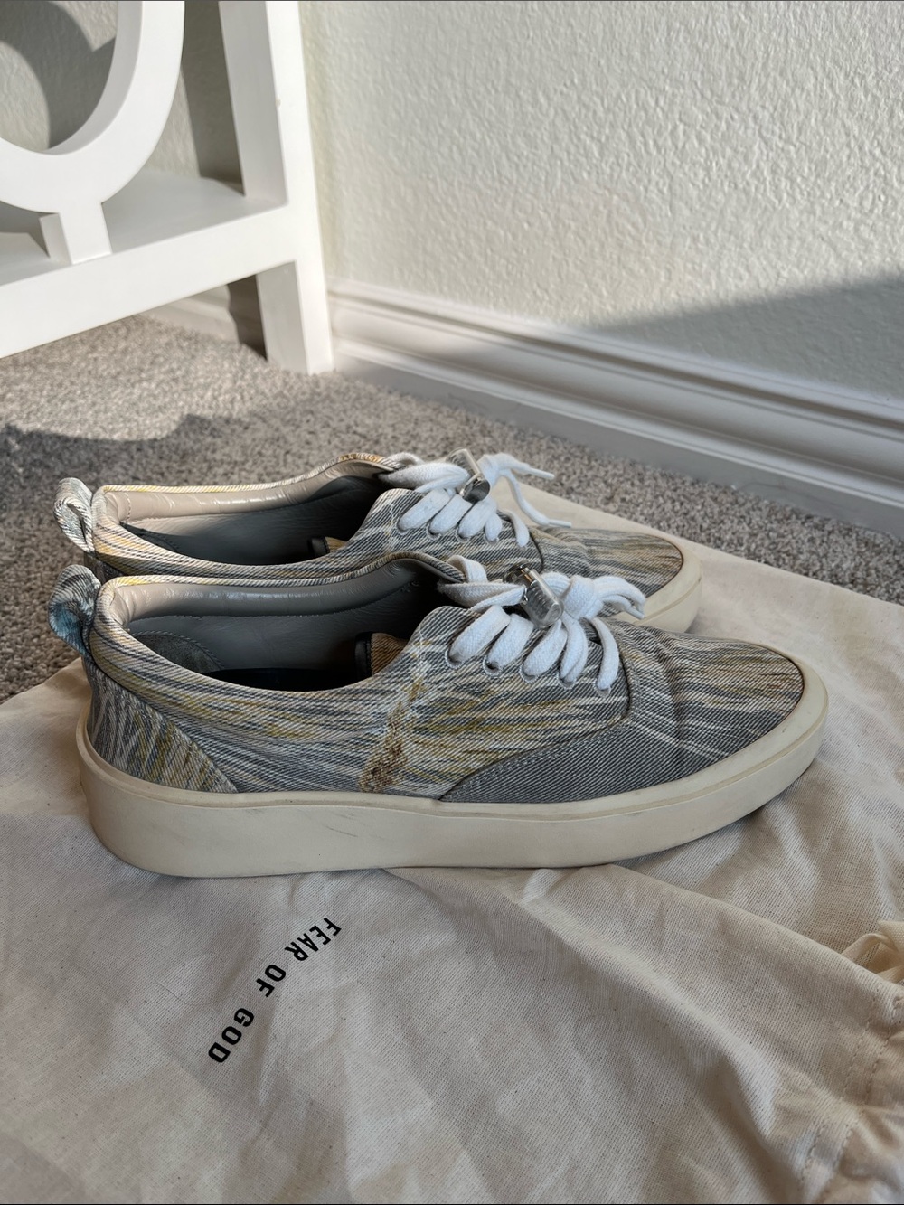 Fear of God Men’s Low-Top Canvas Sneakers in Camo Gray and Cream